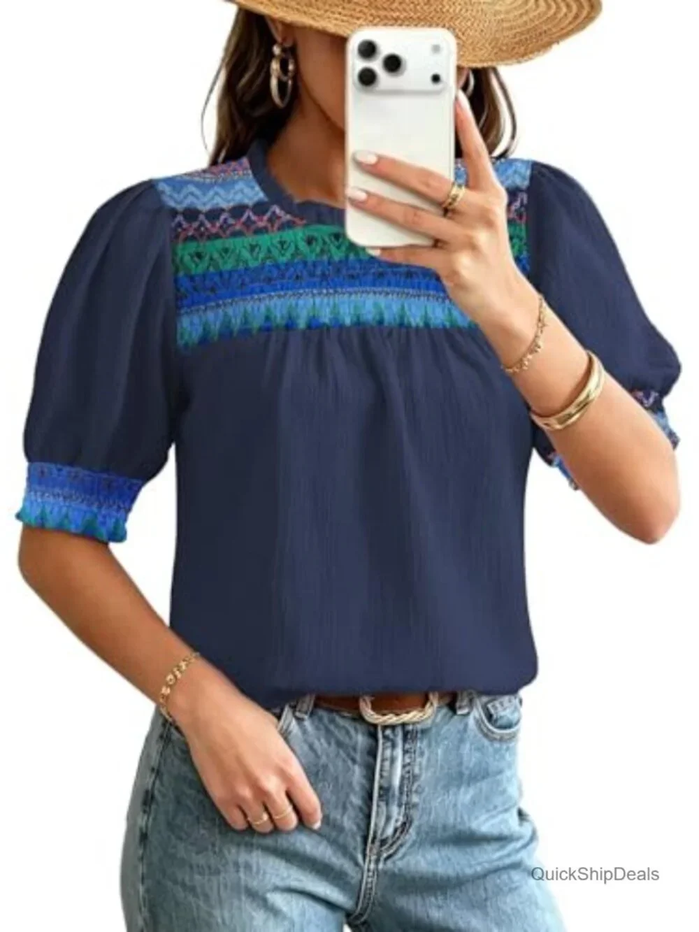 Boho Geometric Ruffle Crewneck Tunic Blouse Short Puff Sleeve Chiffon Shirt